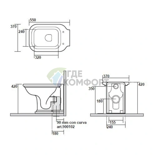 Унитаз напольный пристенный Kerasan Waldorf черный 55х37 см с универсальным выпуском (411804 Nero lucido) - фото 2
