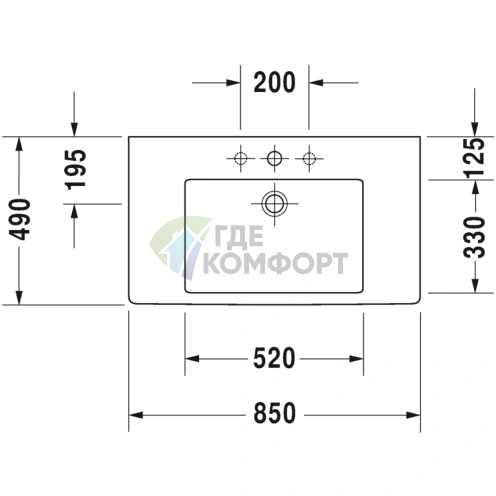Раковина Duravit Vero для мебели без перелива, белая, 850x490 мм, с 3 отверстиями под смеситель (329850044) - фото 2