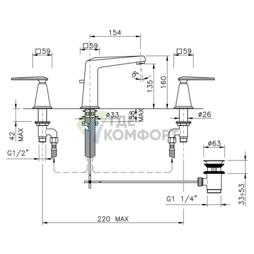 Смеситель для раковины Nicolazzi Vincent на 3 отверстия с высоким изливом, хром (1008CR28) фото 2
