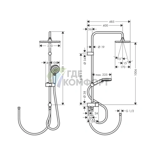 Душевая стойка HG Vernis Shape Reno EcoSmart 230 с верхним душем, матовый черный (26289670) - фото 2