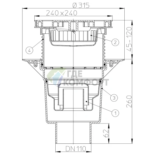 Трап HL616LW с решеткой 226x226 мм-грязеуловителем и вертикальным выпуском DN110 - фото 3