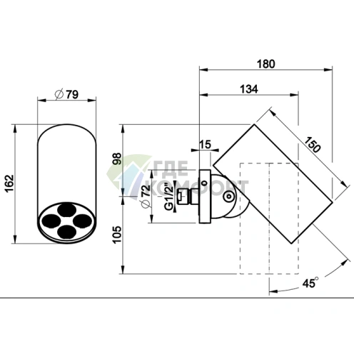 GESSI 316 RIGATO Верхний душ 79 мм, настенное крепление, 4 струи, матовый металлик (57289#239) - фото 2