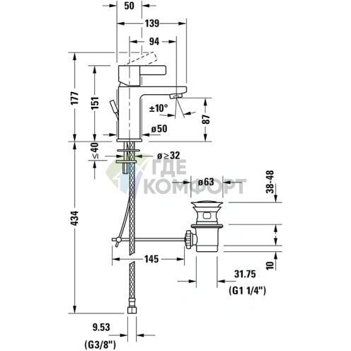Смеситель для раковины Duravit D-Neo однорычажный, с донным клапаном, хром (DE1010001010) - фото 2