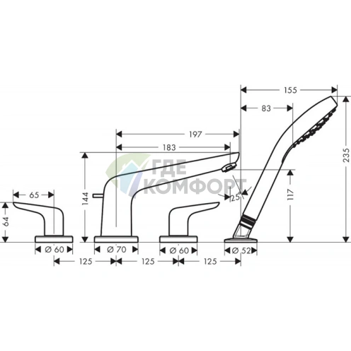 Смеситель для ванны Hansgrohe Novus накладной с ручным душем, хром (71333000) - фото 2