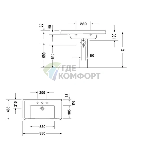 Раковина Duravit Starck 3 двойная 1300x485 мм с двумя отверстиями под смеситель и переливом, белый (865160000) - фото 11