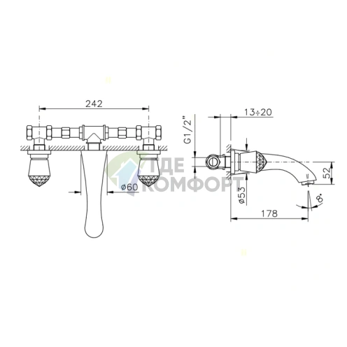 Смеситель для раковины Nicolazzi Cristallo настенный на 3 отверстия, излив 178 мм, хром (2077CR22) - фото 2
