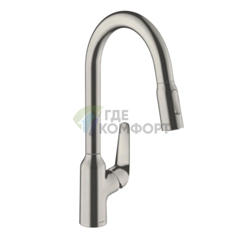 Кухонный смеситель Hansgrohe Focus M42 с выдвижным душем в цвете под сталь (71800800) - фото 1