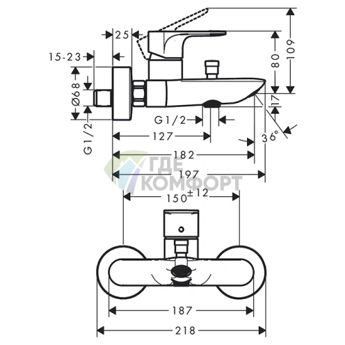 Смеситель для ванны Hansgrohe Rebris E, настенный монтаж, хром (72450000) - фото 2