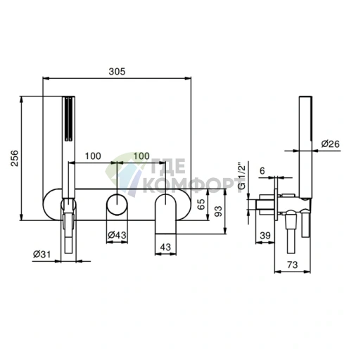 Встраиваемый смеситель для душа Fantini Mare двойного монтажа с ручным душем (хром) (51 02 V084B) - фото 2