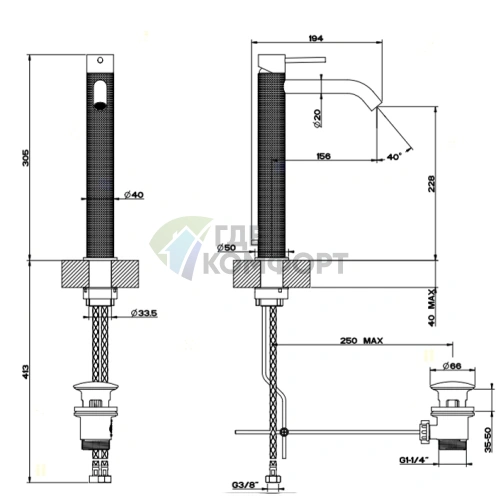 Смеситель для раковины GESSI 316 высокий с донным клапаном, цвет steel brushed (54403#239) - фото 2