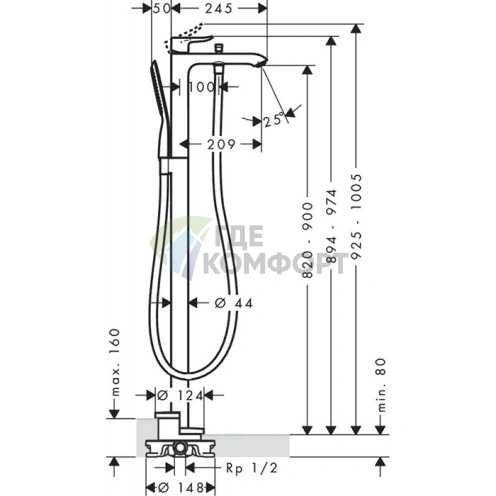 Напольный смеситель для ванны Hansgrohe Metris с вакуумным переключателем и ручным душем (31471000) - фото 2