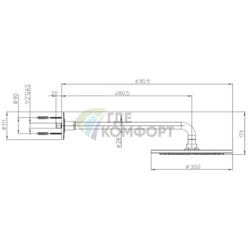 Верхний душ BOSSINI DREAM-OKI 300 мм с универсальным держателем | Полная комплектация | Хром (H75362J.030) - фото 2