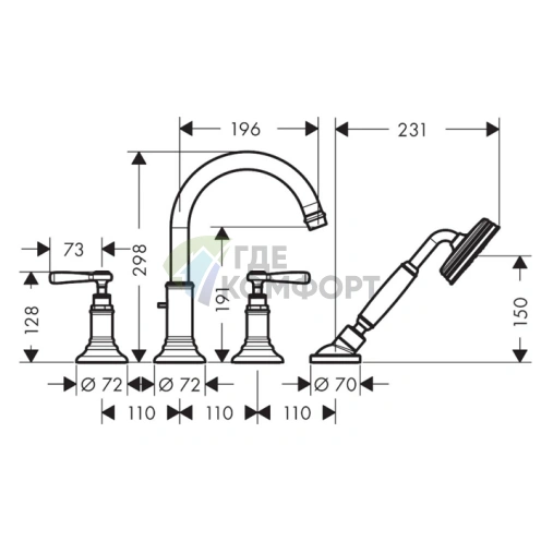 Смеситель для ванны AX Montreux с ручным душем и рычаговыми рукоятками, накладной монтаж, шлифованный никель (16554820) - фото 2