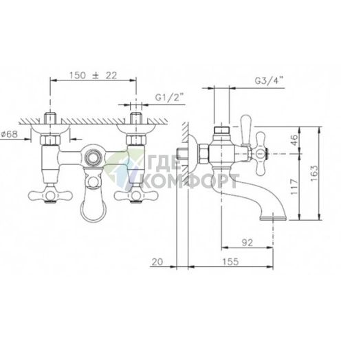 Смеситель для ванны Nicolazzi Nuova Brenta с переключателем и подключением для душевой стойки, хром (2500CR) - фото 2