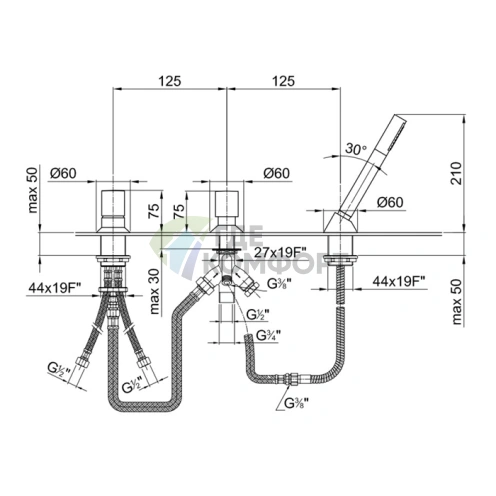 Смеситель для ванны Fantini Nostromo на борт с ручным душем, 2 ввода, хром (50 02 1667) - фото 2