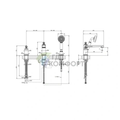 GESSI VENTI20 однорычажный смеситель для ванны с ручным душем, установка на 3 отверстия, цвет Brass PVD (65037#710) - фото 2