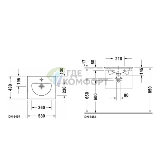 Раковина Duravit Darling New 530x430 мм с переливом для встраивания в мебель, белая (499530000) - фото 2