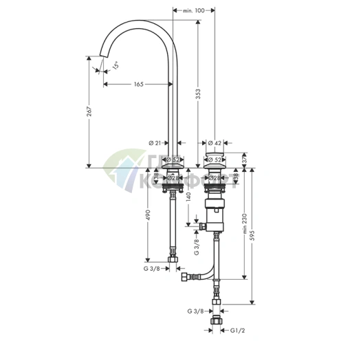 Смеситель для раковины AX One Sel 260, 2 отверстия, полированный черный хром (48060330) - фото 2