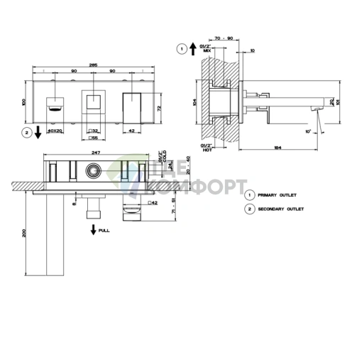 Встраиваемый смеситель Gessi Rettangolo с изливом и переключателем PULL, черный (44907#299) - фото 2