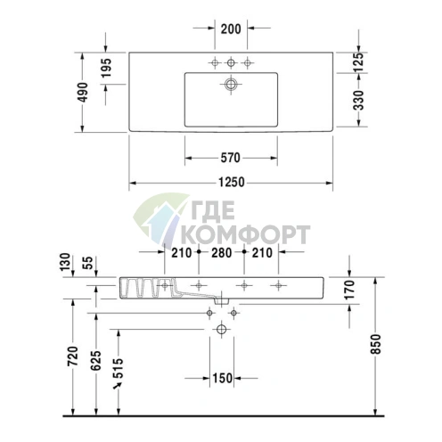 Раковина Duravit Vero для мебели 1250x490 мм, белая, 3 отверстия под смеситель (329120030) - фото 4