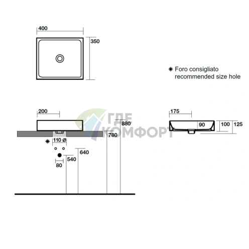 Раковина KERASAN Lavabi прямоугольная накладная 40х35 без отв цвет белый - фото 2