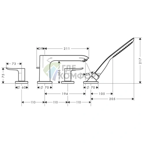 Смеситель для ванны Hansgrohe Metris на 4 отверстия с ручным душем 1jet в хроме (31442000) - фото 2