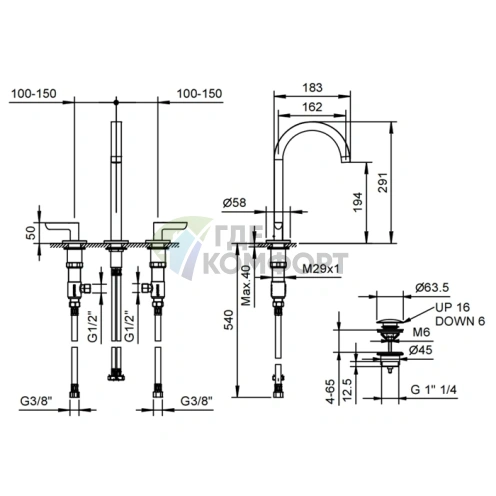 Смеситель для раковины Fantini Icona Deco с нажимным донным клапаном, 3 отверстия, цвет «оружие» (53 P5 R107) - фото 2