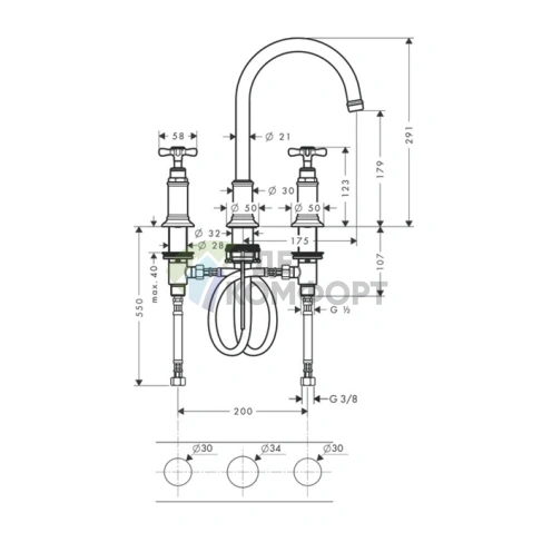 Смеситель для раковины AX Montreux на 3 отверстия с донным клапаном, цвет шлифованный никель (16513820) - фото 2