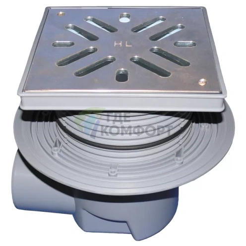 Трап HL615SW с решеткой в подрамнике 226x226 мм-грязеуловителем и горизонтальным выпуском DN110 - фото 1