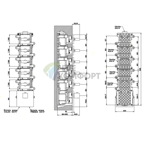 Встраиваемый термостат Gessi Rettangolo с 5 выходами, подключение 3/4, хром (43220#031) - фото 2