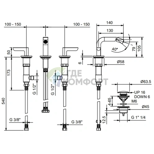 Смеситель для биде Fantini Icona Deco с донным клапаном, 3 отв., хром (53 02 R108) - фото 2