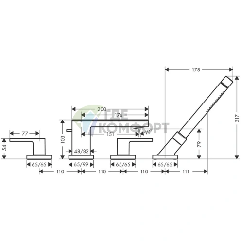 Смеситель AX MyEdition для монтажа на борт ванны с изливом 200 мм и комбинированной отделкой хром/черное стекло (47430600) - фото 2