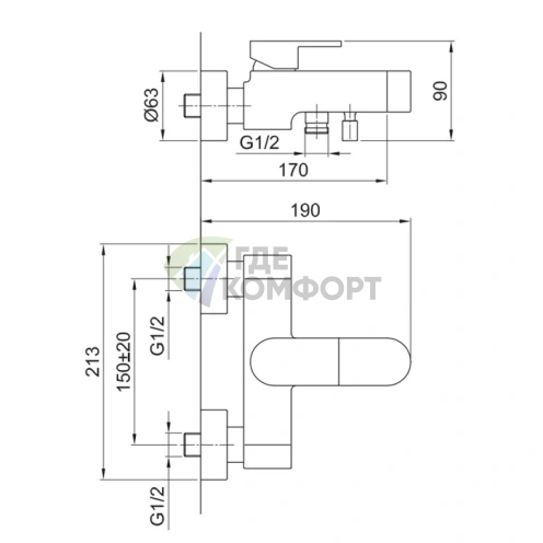 Настенный смеситель для ванны Fantini Mare на 2 источника с изливом 170 мм, хром (51 02 1019) - фото 2