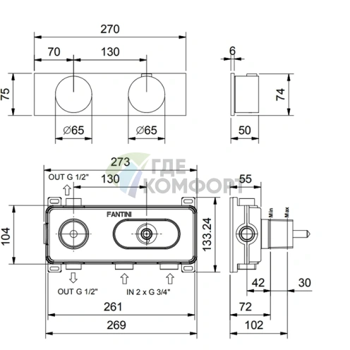 Смеситель термостатический настенный встраиваемый FANTINI AF/21 с переключателем на 2 положения, цвет Matt Gun Metal PVD (27 P5 A972B) - фото 2