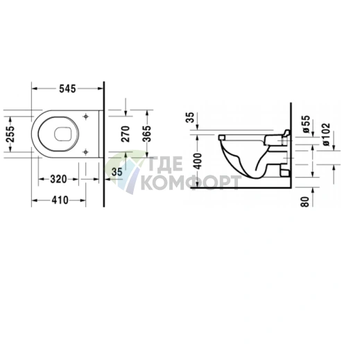 Унитаз подвесной Duravit Starck 3 с вертикальным смывом, крепление 230 мм (2206090000) - фото 2