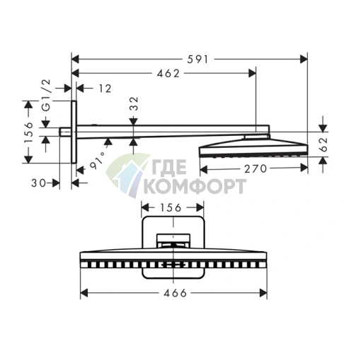 Верхний душ AX 460x270 мм с настенным держателем в матовом черном хроме (35274340) - фото 2
