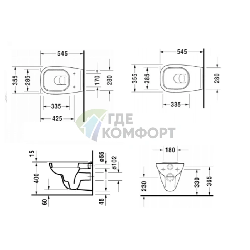 Подвесной унитаз Duravit D-Code Rimless с сиденьем автозакрывания (257009+006739) ) - фото 2
