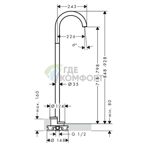 Напольный излив для ванны AX Uno с выступом 226 мм, хром (38412000) - фото 2