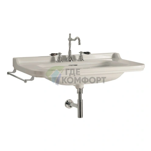 Керамическая раковина Kerasan Waldorf 120х55 см белая с 3 отверстиями и хромированными заглушками (4144K1bi/cr*3) - фото 1