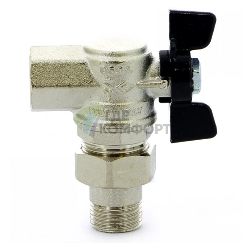 Bugatti Oregon кран шаровый угловой 1/2, артикул 594, полнопроходной, ручка-бабочка, разъемное соединение - фото 3