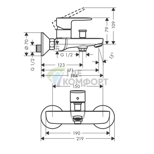 Однорычажный смеситель для ванны Hansgrohe Vernis Blend внешнего монтажа хром (71440000) - фото 2