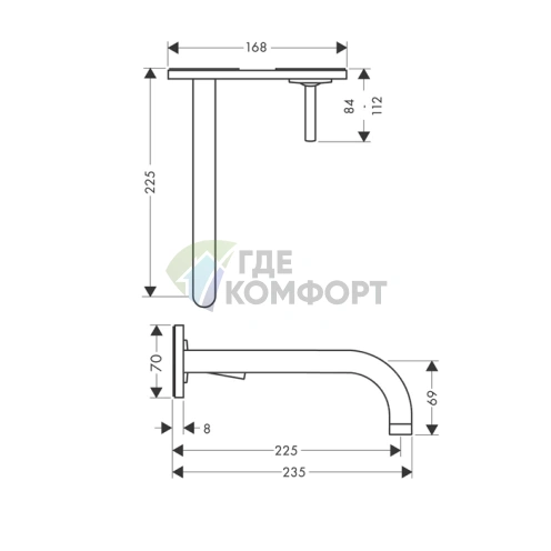 Встраиваемый смеситель AX Uno для раковины на 2 отв., с панелью, излив 225 мм, шлифованный никель (38115820) - фото 2