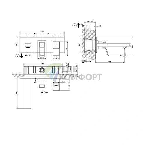Gessi Rettangolo K Встраиваемый смеситель с переключателем Pull, черный (53138#299) - фото 2