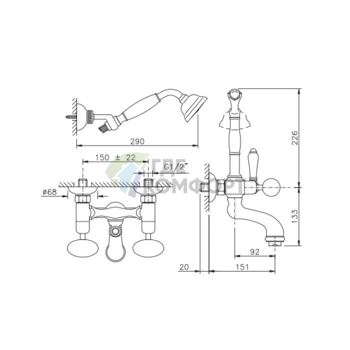 Смеситель для ванны Nicolazzi Cristallo Di Rocca с переключателем душ/ванна и комплектом душа, золото (2102GO09C) - фото 2