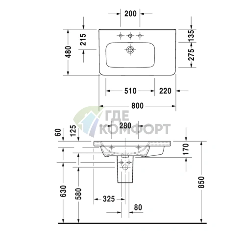 Раковина Duravit DuraStyle асимметричная с переливом без отверстия под смеситель (2325800060) - фото 2
