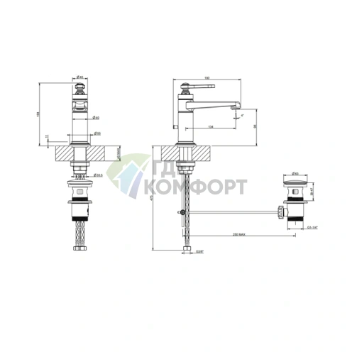 Однорычажный смеситель GESSI VENTI20 для раковины с донным клапаном, цвет латунь PVD (65001#710) - фото 2