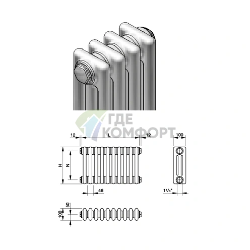 Трубчатый стальной радиатор Zehnder Charleston 3180/06 секций с боковым подключением 3/4 фото 7
