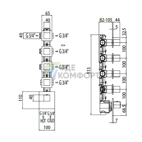Термостат для душа Bossini Oki встраиваемый с девиатором и 3 запорными вентилями, хром (Z031208.030) - фото 2