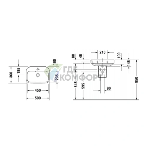 Раковина DURAVIT Happy D2 50x36 см белая с отверстием под смеситель и системой слив-перелив (709500000) - фото 2