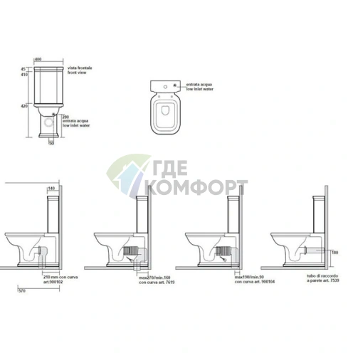 Унитаз-моноблок Kerasan Waldorf Черный 680x367мм с Универсальным Сливом (411704nero lucido) - фото 2